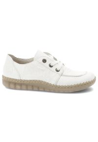 Półbuty damskie Rieker, skórzana cholewka z naturalnej skóry klasyczna niska forma z wiązaniem elastyczna lekka podeszwa wygodny model do codziennego. Okazja: na co dzień. Zapięcie: sznurówki. Kolor: biały. Materiał: skóra. Szerokość cholewki: normalna. Sezon: wiosna, lato. Styl: casual, klasyczny #3