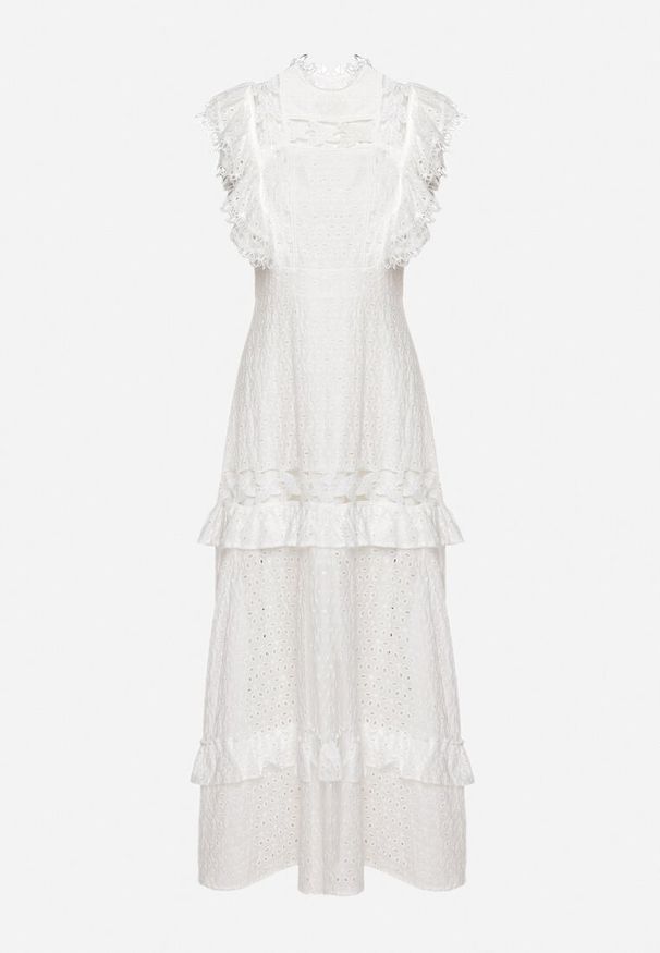 Born2be - Biała Sukienka Maxi Rozkloszowana z Ażurowym Wzorem Saitha. Okazja: na co dzień. Kolor: biały. Materiał: tkanina. Wzór: ażurowy. Styl: elegancki, casual. Długość: maxi