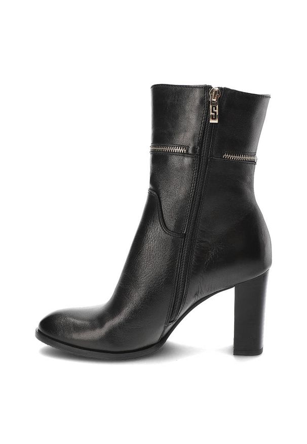 Czarne Eleganckie Botki Simen Na Obcasie. Kolor: czarny. Materiał: materiał, skóra. Szerokość cholewki: normalna. Obcas: na obcasie. Styl: elegancki. Wysokość obcasa: wysoki