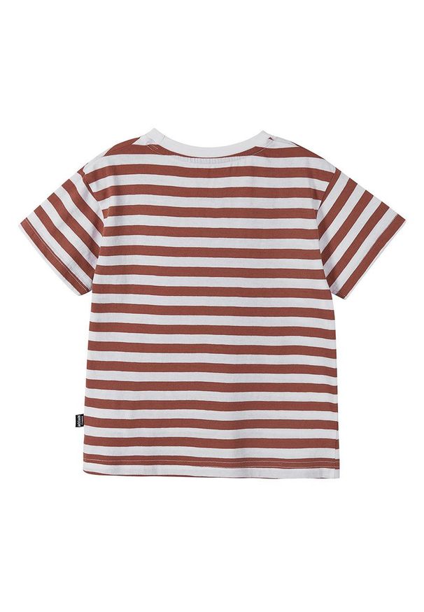 Reima t-shirt bawełniany dziecięcy kolor brązowy. Okazja: na co dzień. Kolor: brązowy. Materiał: bawełna. Długość rękawa: krótki rękaw. Długość: krótkie. Wzór: nadruk. Styl: casual