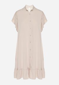 Born2be - Beżowa Sukienka Koszulowa z Guzikami i Falbankami Tenalena. Okazja: na co dzień. Typ kołnierza: kołnierz z falbankami. Kolor: beżowy. Typ sukienki: koszulowe. Styl: sportowy, casual, elegancki #3