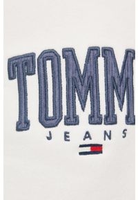 Tommy Jeans Spodnie damskie kolor biały z aplikacją. Stan: podwyższony. Kolor: biały. Materiał: bawełna. Wzór: aplikacja