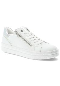 Białe Sneakersy Marco Tozzi Modne Obuwie Damskie Z Eleganckim Suwakiem. Okazja: na co dzień, na spacer. Zapięcie: zamek. Kolor: biały. Materiał: materiał. Szerokość cholewki: normalna. Sport: turystyka piesza