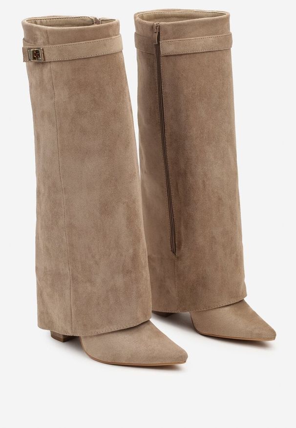 Born2be - Ciemnobeżowe Kozaki na Słupku z Wywiniętą Cholewką Gafsena. Okazja: na co dzień. Kolor: beżowy. Materiał: jeans. Szerokość cholewki: normalna. Sezon: zima, wiosna, jesień. Obcas: na słupku. Styl: elegancki, casual. Wysokość obcasa: średni
