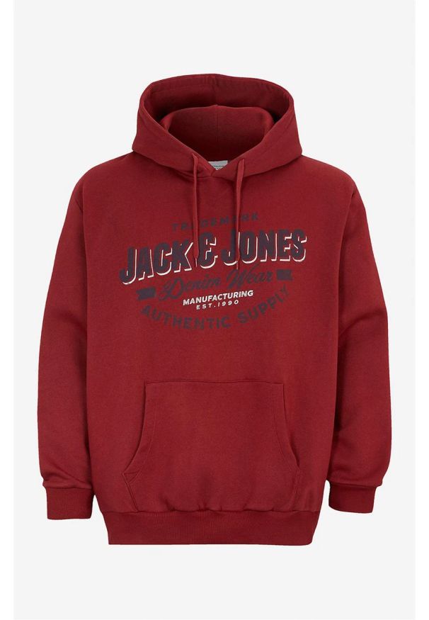 JACK & JONES PLUS - Bluza Plus Size Logo. Typ kołnierza: kaptur. Kolekcja: plus size. Kolor: czerwony. Materiał: dzianina, dresówka. Wzór: nadruk