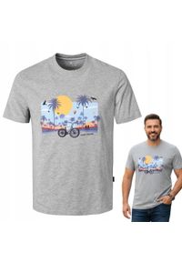 Męska Koszulka (T-Shirt) - Pako Jeans - Szara, Palmy, Rower, Słońce. Okazja: na co dzień. Kolor: szary. Materiał: wiskoza, bawełna. Wzór: nadruk. Styl: casual #3