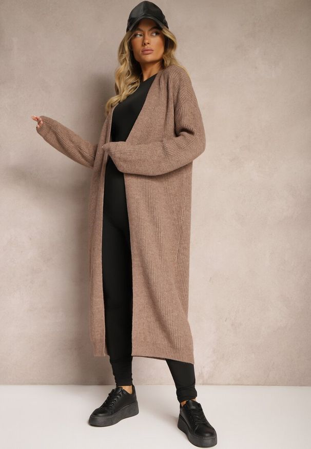 Renee - Brązowy Nierozpinany Casualowy Kardigan o Długim Kroju Ozdobiony Ściągaczami Arfilia. Okazja: na co dzień. Kolor: beżowy. Materiał: jeans. Długość: długie. Wzór: aplikacja. Styl: casual