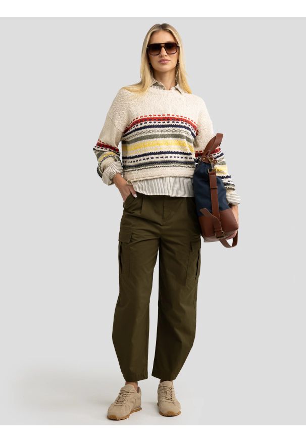 Big-Star - Sweter damski bawełniany w kolorowe paski kremowy Mixta 000. Kolor: wielokolorowy. Materiał: bawełna. Wzór: paski, kolorowy. Sezon: lato. Styl: vintage, retro
