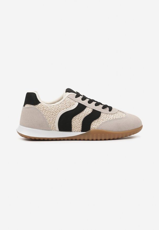 Renee - Beżowo-Czarne Sneakersy z Ozdobną Plecionką z Rafią Morloris. Okazja: na co dzień, na spacer. Kolor: beżowy. Materiał: jeans. Wzór: aplikacja, kwiaty. Obcas: na obcasie. Wysokość obcasa: średni. Sport: turystyka piesza
