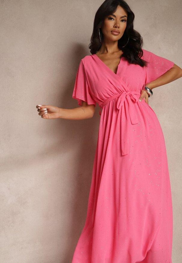 Renee - Fuksjowa Koktajlowa Brokatowa Sukienka z Paskiem Addlea. Okazja: na imprezę, na co dzień. Kolor: różowy. Styl: wizytowy