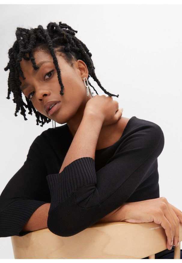 bonprix - Sweter z cienkiej dzianiny z rękawami 3/4. Kolor: czarny. Materiał: dzianina. Wzór: ze splotem. Styl: elegancki