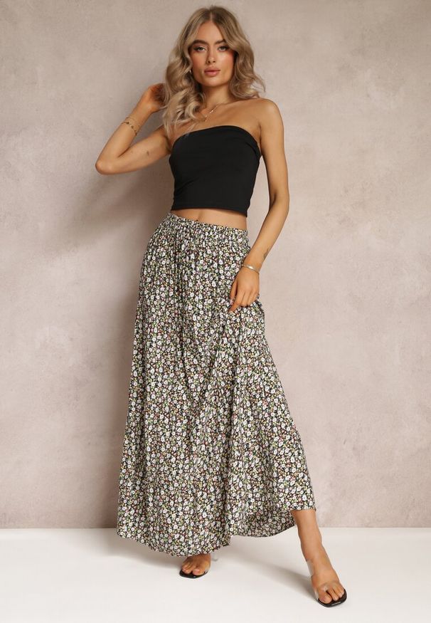 Renee - Czarna Rozkloszowana Spódnica Maxi w Kwiaty Dethuj. Kolor: czarny. Materiał: bawełna, tkanina. Wzór: kwiaty