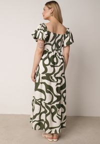 Born2be - Ciemnozielona Wiskozowa Sukienka z Bufiastymi Rękawami w Abstrakcyjny Wzór Tibee. Okazja: na co dzień. Kolor: zielony. Materiał: wiskoza. Wzór: nadruk. Typ sukienki: proste. Styl: elegancki, wakacyjny, casual #7