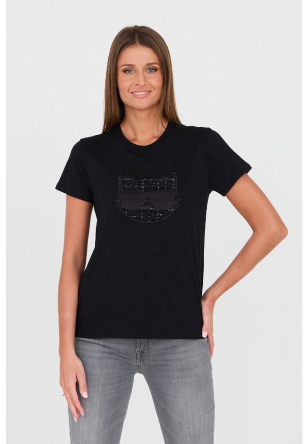 Karl Lagerfeld - KARL LAGERFELD Czarny damski t-shirt Boucle Choupette, Rozmiar S. Kolor: czarny. Materiał: bawełna