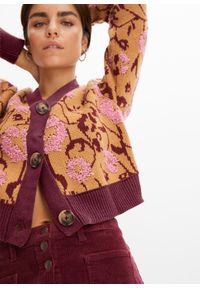 bonprix - Sweter rozpinany z dzianiny o splocie dużych oczek, w kwiaty. Typ kołnierza: dekolt w serek. Kolor: brązowy. Materiał: dzianina. Wzór: kwiaty, ze splotem #3