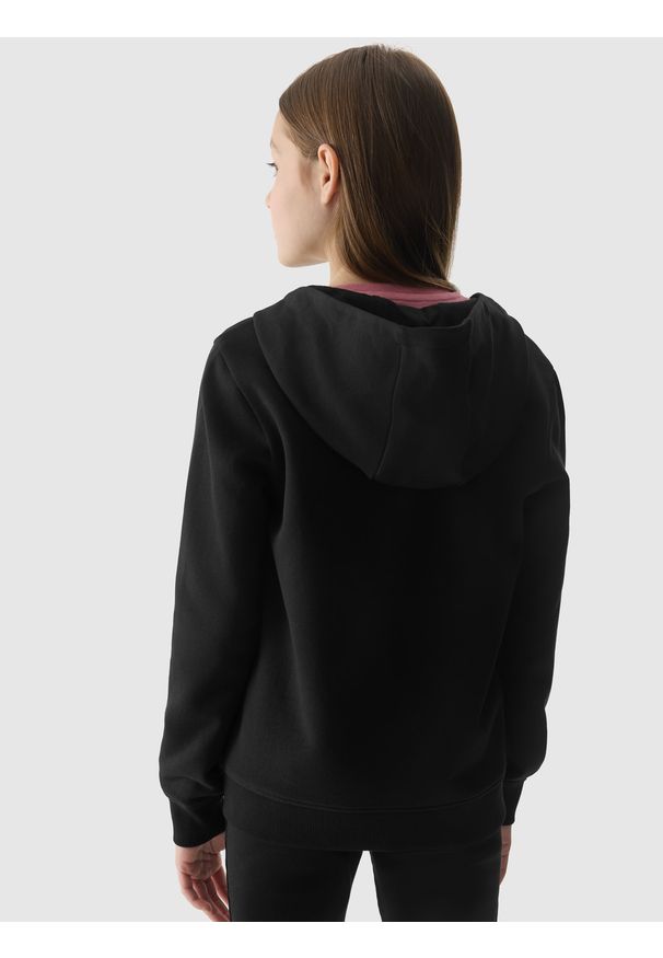 4f - 4F Bluza dresowa rozpinana z kapturem dziewczęca - czarna 146 (10-11 lat). Okazja: na co dzień. Typ kołnierza: kaptur. Kolor: czarny. Materiał: dresówka. Wzór: gładki, ze splotem. Sezon: lato. Styl: casual, sportowy