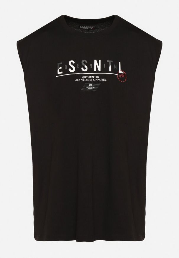 Born2be - Czarna Bawełniany Tank Top z Ozdobnym Nadrukiem Poleldi. Okazja: na co dzień. Kolor: czarny. Materiał: bawełna. Wzór: nadruk. Styl: klasyczny, casual, elegancki