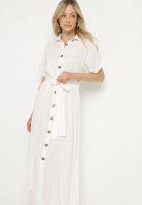 Born2be - Biała Koszulowa Sukienka z Lnem Wiskozą i Paskiem Lenaviel. Okazja: na co dzień. Kolor: biały. Materiał: wiskoza, len. Typ sukienki: koszulowe. Styl: casual, klasyczny #5