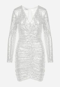 Born2be - Srebrna Cekinowa Sukienka z Marszczeniem Nerli. Kolor: srebrny. Wzór: aplikacja. Długość: mini #2