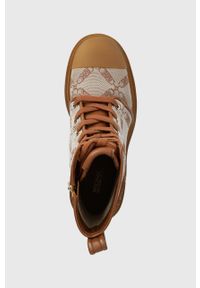 MICHAEL Michael Kors botki Hanley damskie kolor brązowy na słupku 40F3HYME5Y. Nosek buta: okrągły. Zapięcie: sznurówki. Kolor: brązowy. Materiał: skóra, guma. Obcas: na słupku. Styl: klasyczny. Wysokość obcasa: średni #5