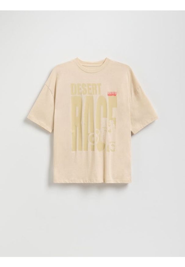 Reserved - Bawełniany t-shirt - beżowy. Kolor: beżowy. Materiał: bawełna