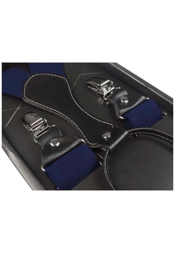 Modini - Długie granatowe klasyczne szelki męskie XL4. Kolor: niebieski. Materiał: skóra, guma