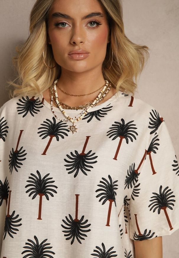 Renee - Beżowo-Czarny Komplet z Wiskozy Zdobiony Printem w Palmy Szerokie Spodnie i T-shirt Zioleana. Kolor: beżowy. Materiał: wiskoza. Wzór: aplikacja, nadruk