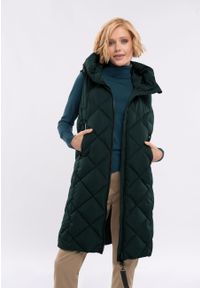 Volcano - Długi bezrękawnik V-LEA. Typ kołnierza: kaptur. Kolor: turkusowy. Materiał: materiał. Długość rękawa: bez rękawów. Długość: długie. Wzór: napisy, aplikacja. Styl: elegancki #1