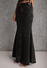 Renee - Czarna Spódnica Syrenka z Bawełny Jeansowa High Waist z Paskiem Appala. Okazja: na co dzień. Stan: podwyższony. Kolor: czarny. Materiał: bawełna, jeans. Styl: casual, elegancki #4