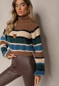 Renee - Brązowy Golf Ozdobiony Paskami i Naszywką Misia Terilye. Okazja: na co dzień. Typ kołnierza: golf. Kolor: brązowy. Materiał: jeans. Długość rękawa: długi rękaw. Długość: długie. Wzór: aplikacja. Styl: elegancki, casual #4