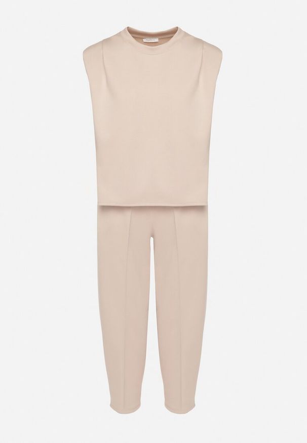 Born2be - Beżowy Komplet Dresowy z Wiskozą Bluzka Bez Rękawów i Spodnie z Gumką w Talii Nitadora. Kolor: beżowy. Materiał: wiskoza, dresówka. Sport: turystyka piesza