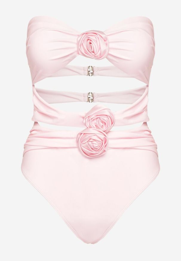 Renee - Różowy Strój Kąpielowy Jednoczęściowy Bez Ramiączek z Aplikacją Kwiatu Nansilah. Kolor: różowy. Wzór: aplikacja, kwiaty