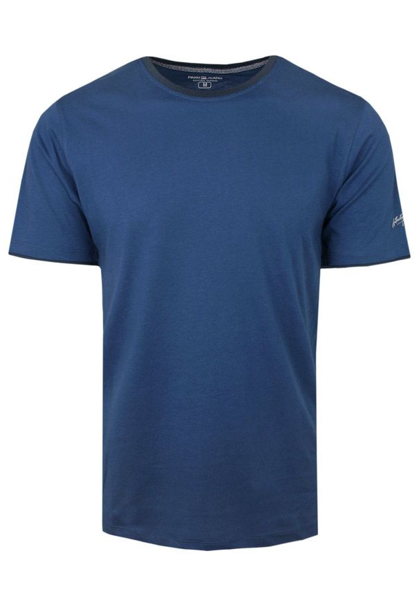 Prosty T-Shirt Męski z Lamówką na Dekolcie - Pako Jeans - Niebieski. Okazja: na co dzień. Kolor: niebieski. Materiał: bawełna. Styl: casual