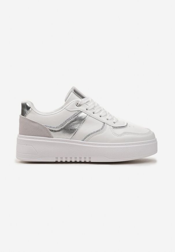 Renee - Biało-Srebrne Sneakersy na Platformie z Brokatowymi Akcentami Sellona. Nosek buta: okrągły. Zapięcie: sznurówki. Kolor: biały. Materiał: materiał. Obcas: na platformie. Wysokość obcasa: niski