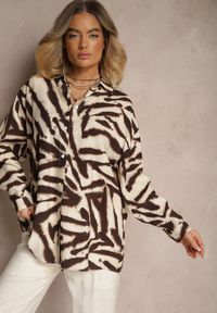 Renee - Beżowo-Brązowa Wiskozowa Koszula z Lnem w Print w Zebrę o Kroju Oversize Telonira. Okazja: na co dzień, na spotkanie biznesowe, na randkę. Kolor: beżowy. Materiał: len, wiskoza. Wzór: nadruk, motyw zwierzęcy. Styl: biznesowy, elegancki, casual #4