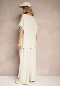 Renee - Ciemnobeżowy Bawełniany Komplet Spodnie o Szerokim Kroju i T-shirt Oversize Seltebis. Kolor: beżowy. Materiał: bawełna. Wzór: aplikacja, kolorowy, gładki #5
