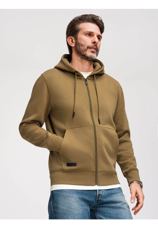 Ombre Clothing - Rozpinana bluza męska dresowa BASIC – oliwkowa V2. Okazja: na co dzień. Typ kołnierza: kaptur. Kolor: oliwkowy. Materiał: dresówka. Styl: casual