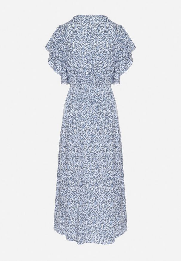 Born2be - Niebieska Bawełniana Sukienka Rozkloszowana w Cętki z Ozdobnymi Guzikami Alulune. Okazja: na co dzień. Typ kołnierza: dekolt w kształcie V. Kolor: niebieski. Materiał: bawełna. Długość rękawa: krótki rękaw. Styl: casual, elegancki