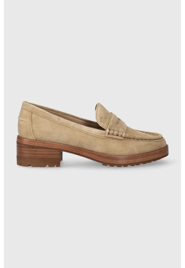 Lauren Ralph Lauren mokasyny zamszowe Wren damskie kolor beżowy na płaskim obcasie 802912324001. Kolor: beżowy. Materiał: zamsz. Obcas: na obcasie. Wysokość obcasa: niski