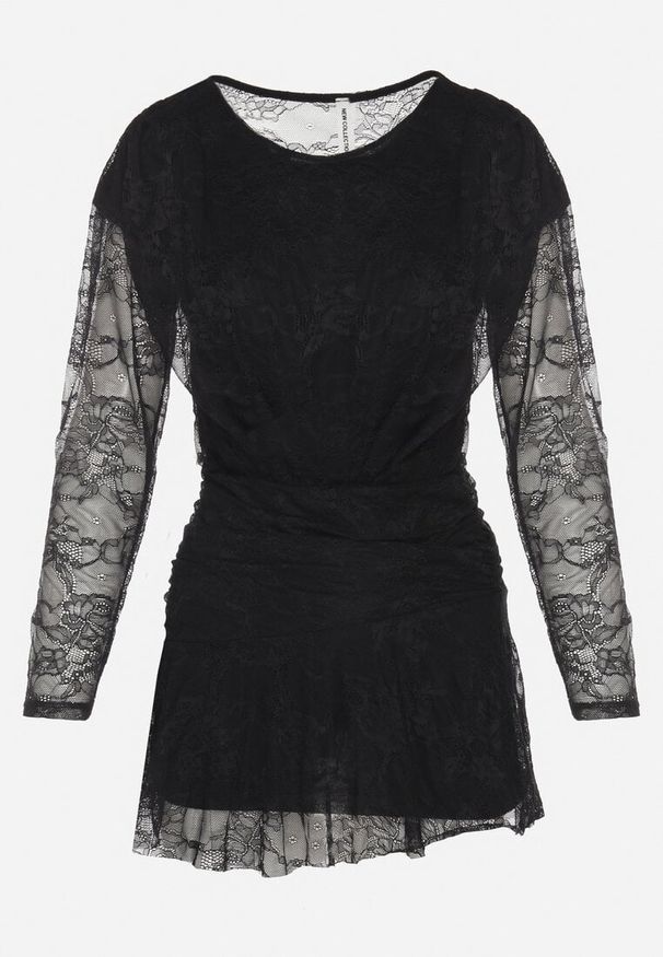 Born2be - Czarna Sukienka Koronkowa z Gumką w Talii Naplisa. Kolor: czarny. Materiał: koronka. Styl: elegancki