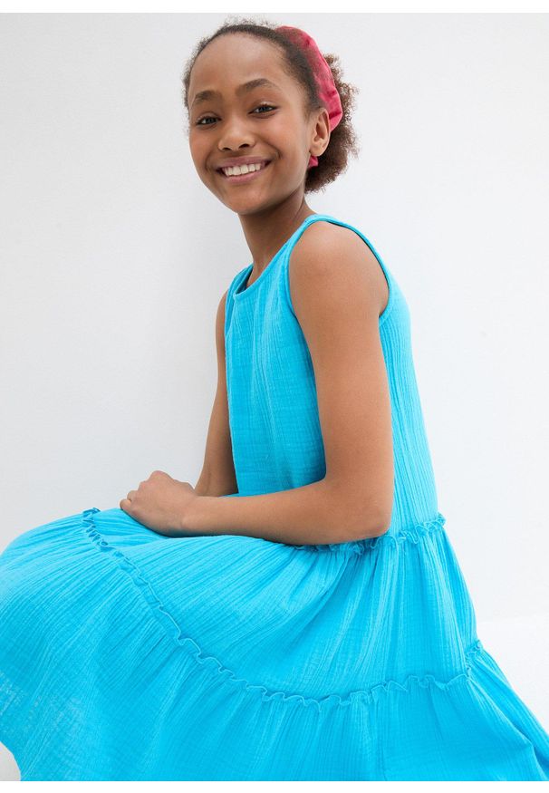 bonprix - Sukienka midi z przewiewnego muślinu. Kolor: niebieski. Materiał: bawełna. Długość rękawa: bez rękawów. Sezon: lato. Typ sukienki: trapezowe. Długość: midi