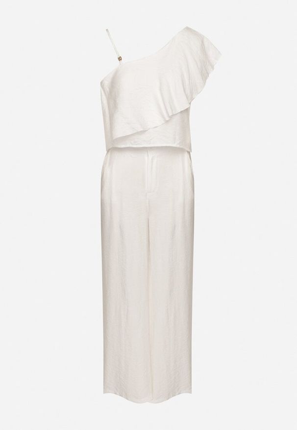 Born2be - Biały Komplet z Wiskozą Asymetryczny Top z Falbanką i Szerokie Spodnie Niraleine. Kolor: biały. Materiał: wiskoza. Wzór: aplikacja