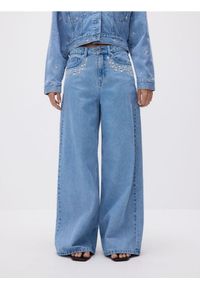 Reserved - Jeansy wide leg z haftem - niebieski. Kolor: niebieski. Wzór: haft #1
