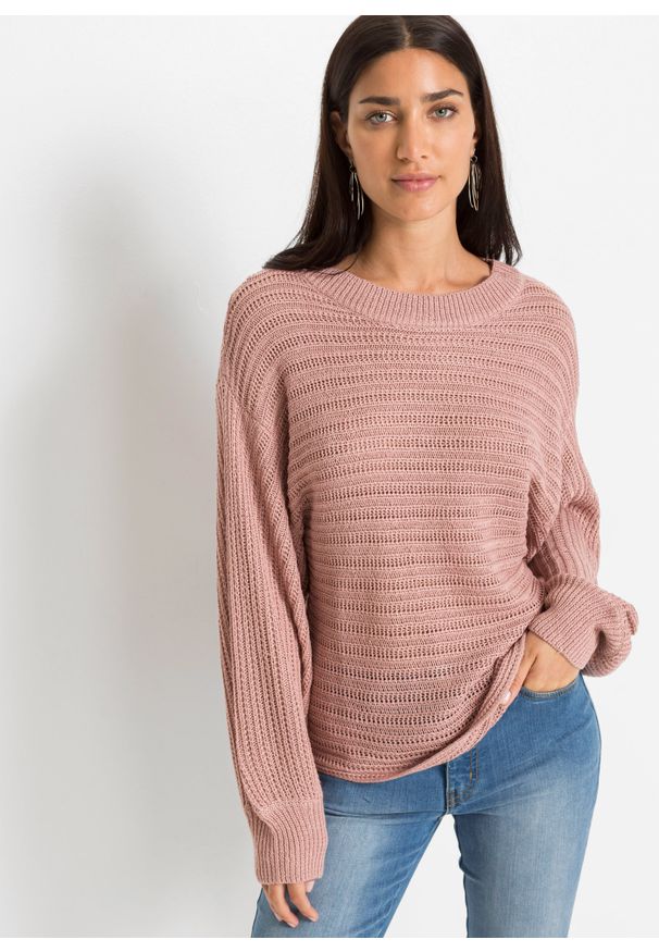 bonprix - Sweter oversize w ażurowy wzór. Kolor: różowy. Wzór: ażurowy