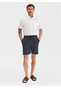 Pako Lorente - PAKO LORENTE - Granatowe spodenki męskie w prążek z lnem. Okazja: na co dzień. Kolor: niebieski. Materiał: len. Wzór: prążki. Styl: casual #7