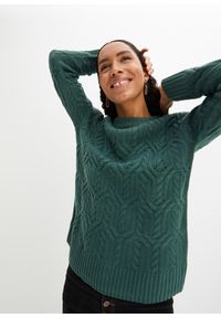bonprix - Sweter z okrągłym dekoltem i wzorem w warkocze. Kolor: zielony #1