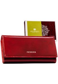 Elegancki portfel damski ze skóry naturalnej w czerwonym kolorze, zamykany zatrzaskiem i biglem - Peterson. Kolor: czerwony. Materiał: skóra #1