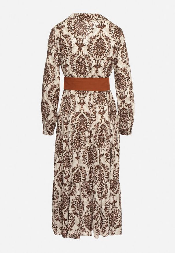 Born2be - Brązowa Wiskozowa Kopertowa Sukienka w Stylu Boho z Materiałowym Paskiem z Klamrą Rinovia. Kolor: brązowy. Materiał: materiał, wiskoza. Typ sukienki: kopertowe. Styl: boho