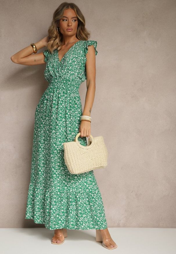 Renee - Zielona Rozkloszowana Sukienka Zdobiona Falbanami i Kwiatowym Printem Aravee. Okazja: na spacer, na co dzień. Typ kołnierza: dekolt w serek. Kolor: zielony. Wzór: nadruk, aplikacja, kwiaty. Sezon: lato. Styl: casual