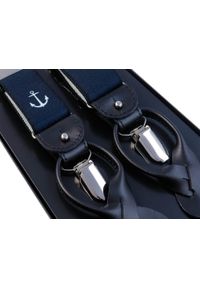 Modini - Granatowe szelki we wzór w kotwice na żabki i na guziki G63. Kolor: niebieski. Materiał: skóra, guma #1